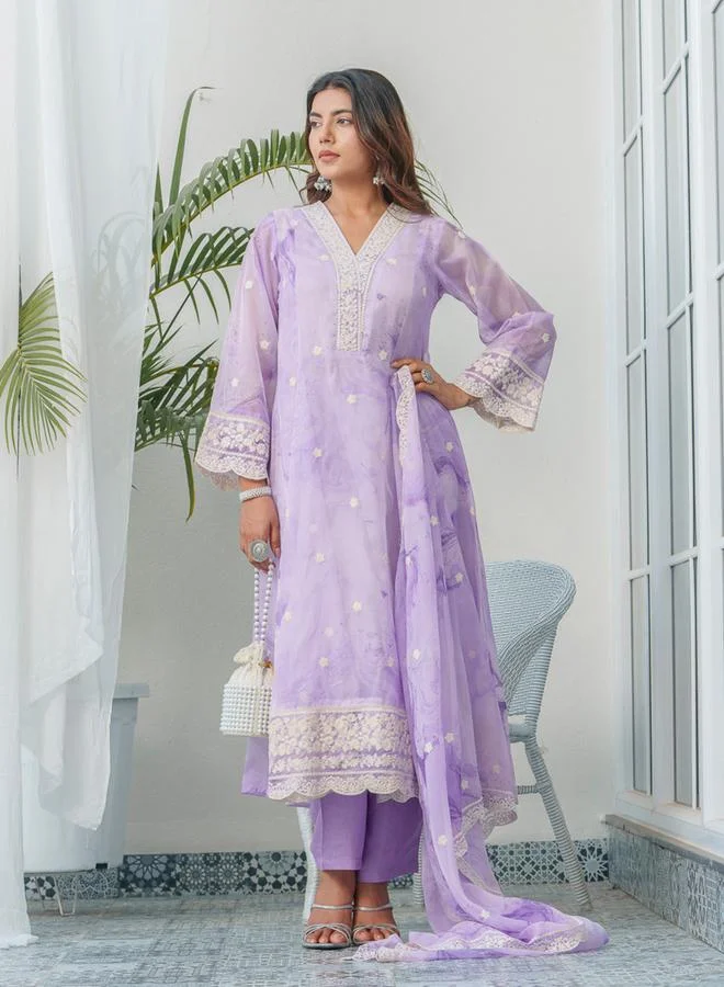 Dw  Women Floral Embroidered Straight Kurta and Trousers with Dupatta Set for Women | Best Price UAE